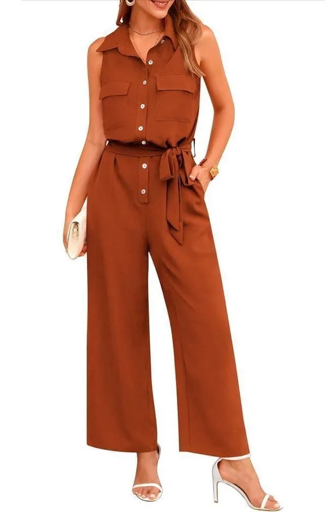 NEW Jumpsuit Dressy Casual Sleeveless Button Up Belted L
