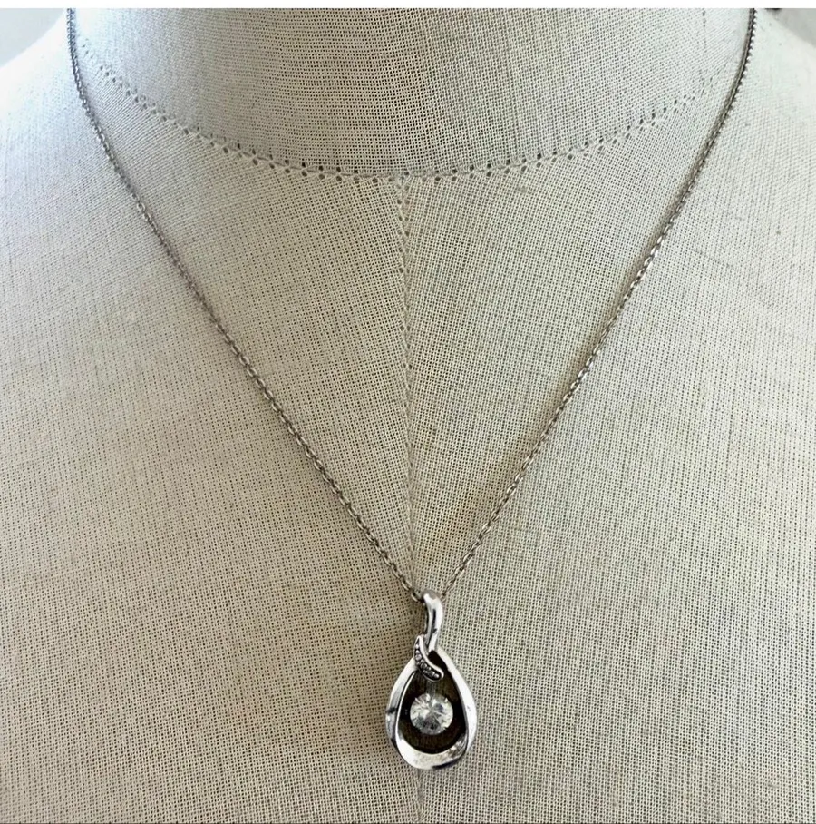 Sterling Silver 925 White Sapphire Teardrop Pendant Necklace
