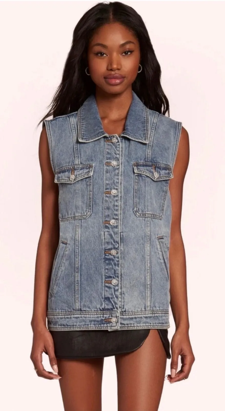 NWT Amanda Uprichard Greyson Denim Vest Rhinestone Button Sleeveless XS $180