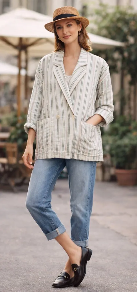 Maeve by Anthropologie Women’s Textured Cotton Stripe Blazer Jacket Relaxed Sz M