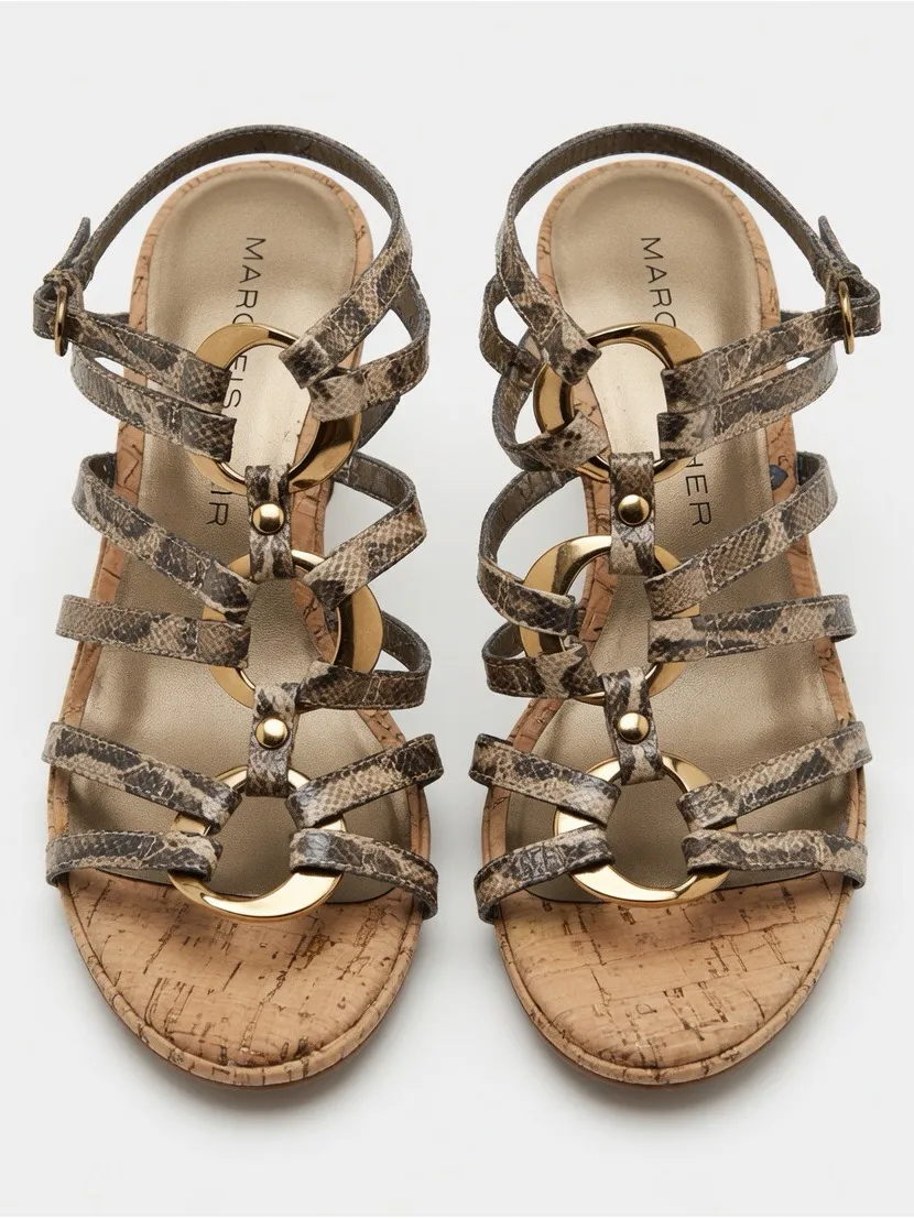 Marc Fisher Snake Skin Faux Leather Strappy Wedge Sandals Women US 8 Gold Rings