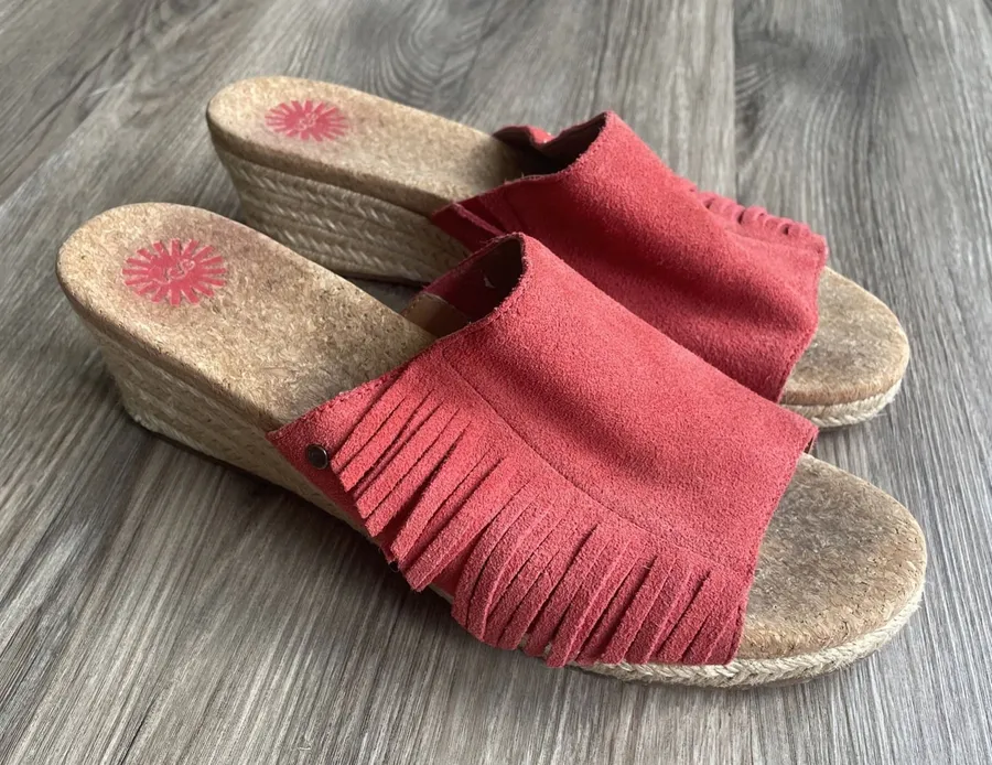 UGG Coral Suede Fringe Espadrille Wedge Sandals Slides Summer Boho HippieSize 9