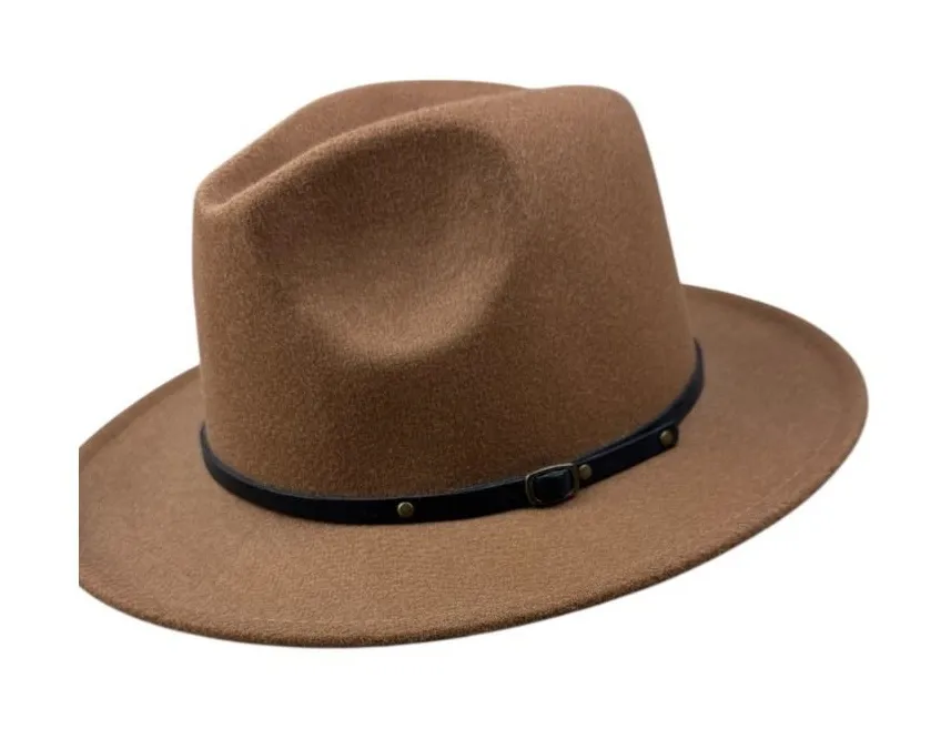 Brown Wool Blend Fedora Hat Black Buckle Wide Brim 11.5" Unisex Fall Fashion