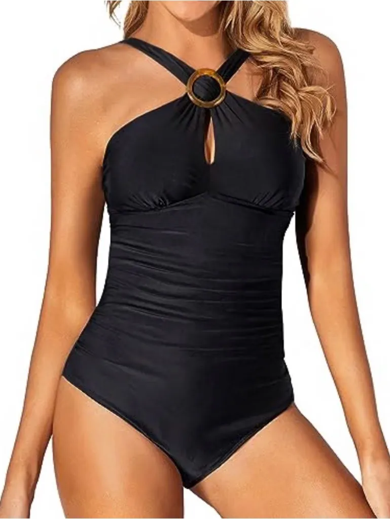 Tempt Me Classic Black Halter One-Piece Swimsuit with Ring Detail NWT