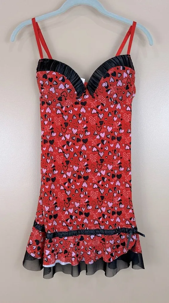 Inteco Intimates Red Pink Black Heart Love Babydoll Nightie Chemise Dress M Size M