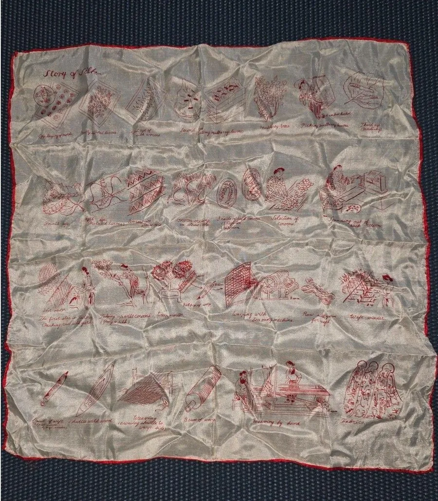 Vintage Novelty Handkerchief "Story of Silk" White Red Print Trim