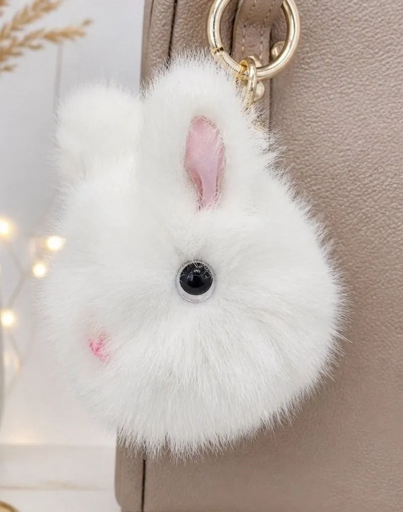 Fluffy White Bunny Keychain Faux Fur Pom Pom Cute Bag Charm Gift
