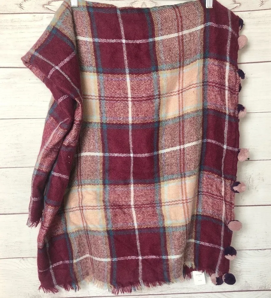 Francesca’s Pom Pom Red Plaid Blanket Scarf