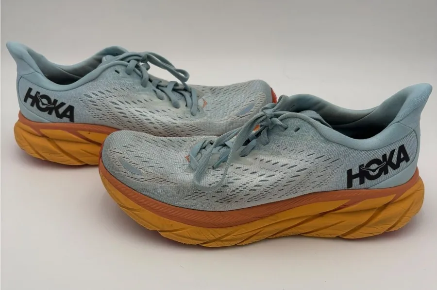 Hoka Clifton 8 Woman’s 8.5B Running Shoes Light Blue Orange Athletic Shoes