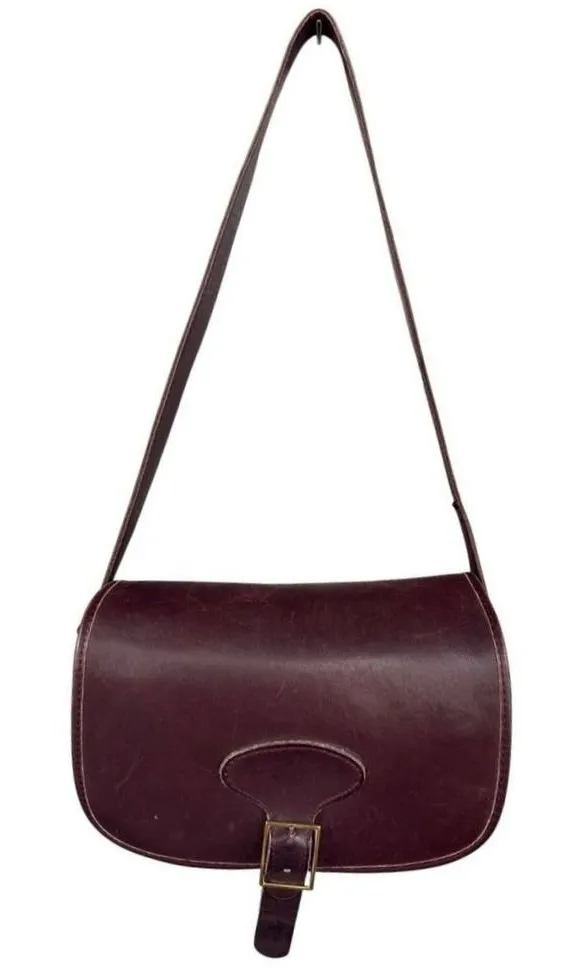 Leather Crossbody Bag Purse Vintage Style Buckle Flap Maroon Burgundy Red