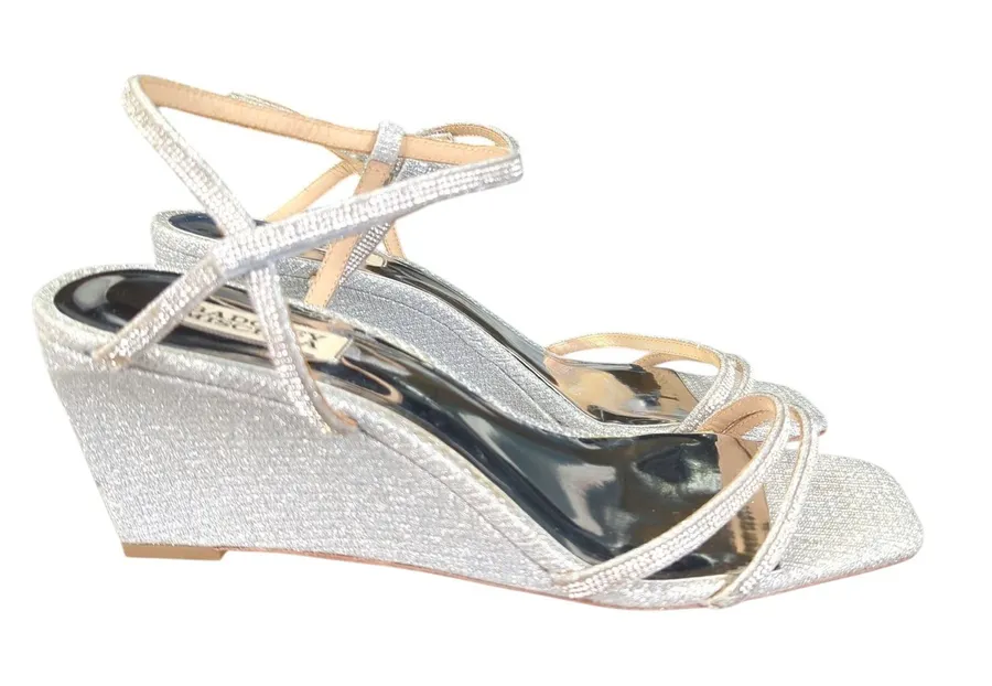 Badgley Mischka Unity Wedge Heels Womens Silver Embellished Strappy Sandals 10