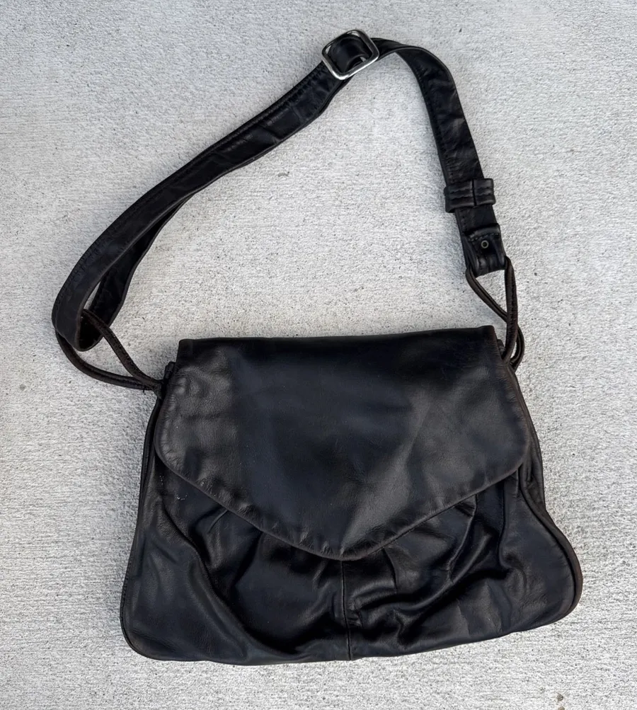 Vintage 40's? Genuine Black Brown Leather Shoulder Bag With Talon Zipper
