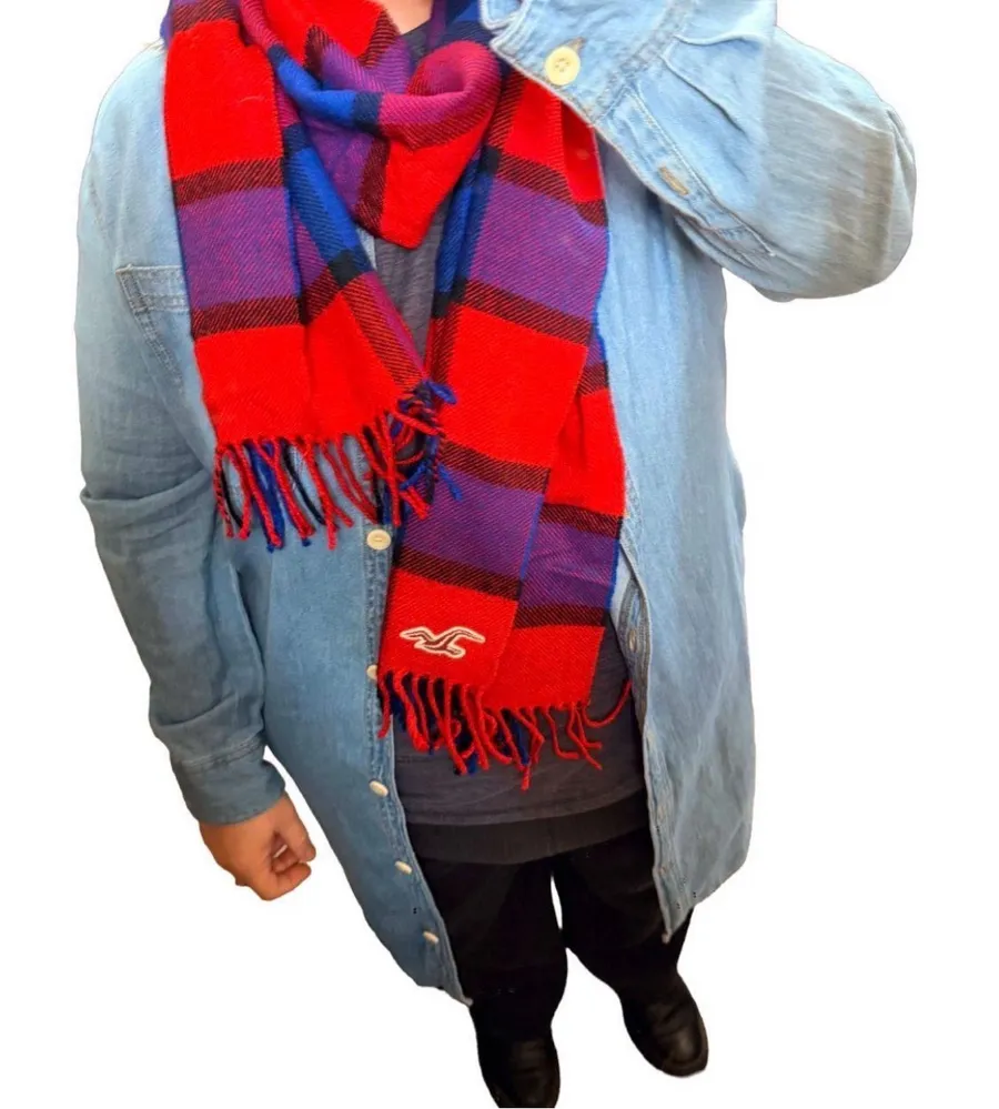 Hollister Buffalo Plaid Blanket Scarf Red Purple Blue Oversized Fringe