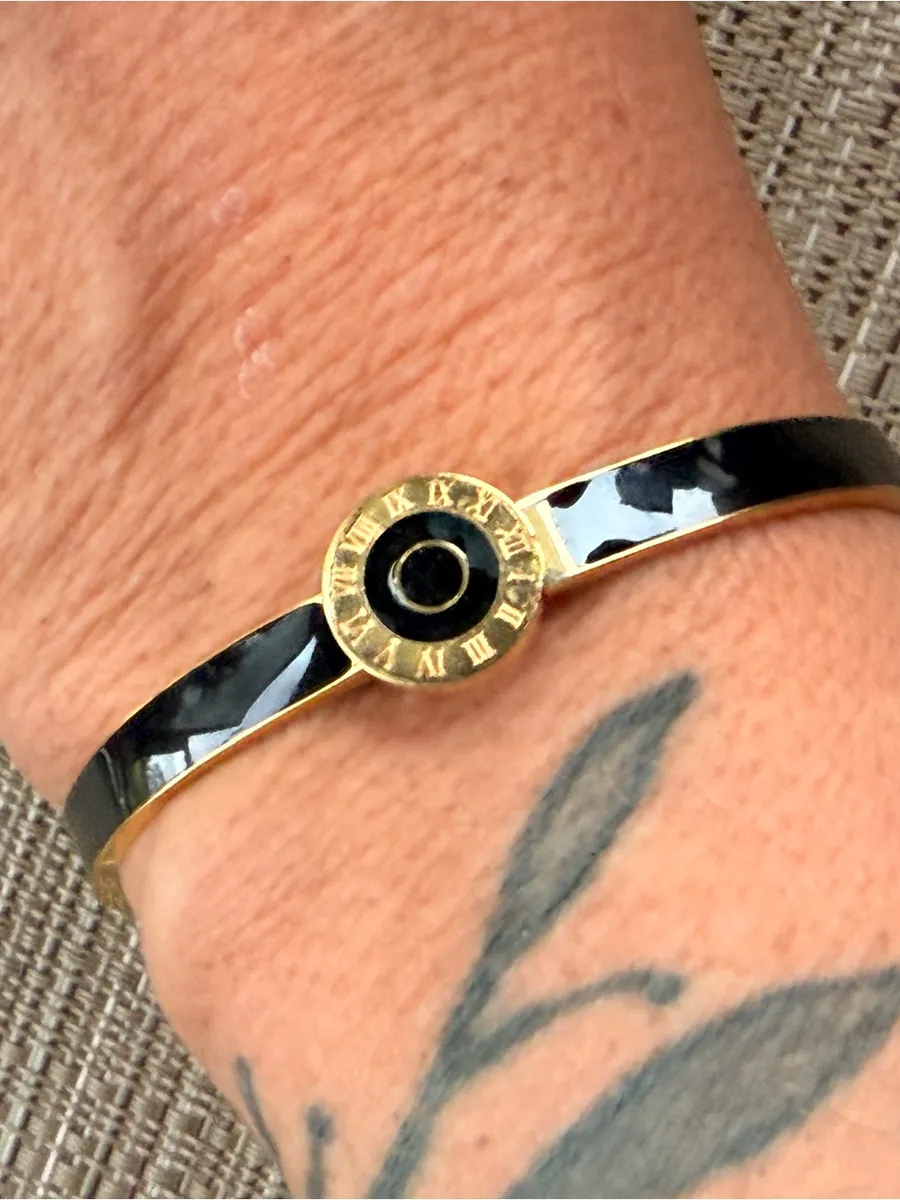 Black Round Roman Gold Tone Stainless Steel Hinge Bangle Cuff