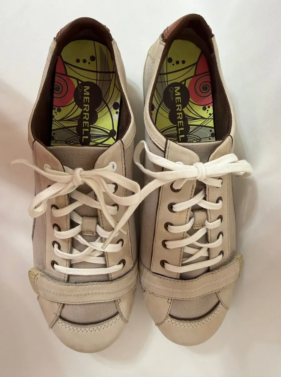Merrell Pirouette Taupe Canvas Leather Athletic Shoe Comfort Sneakers Q-Form 9.5