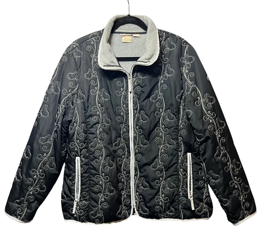 Natural Reflections XL Black Quilted Jacket Embroidered Fleece Lined