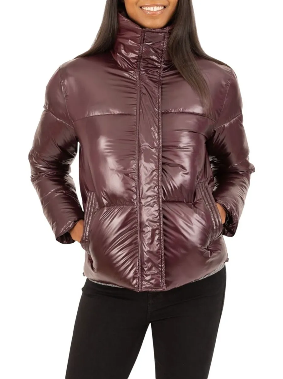 Rachel Roy NWT Wine Puffer Jacket Metallic High Neck Size 1X Purple