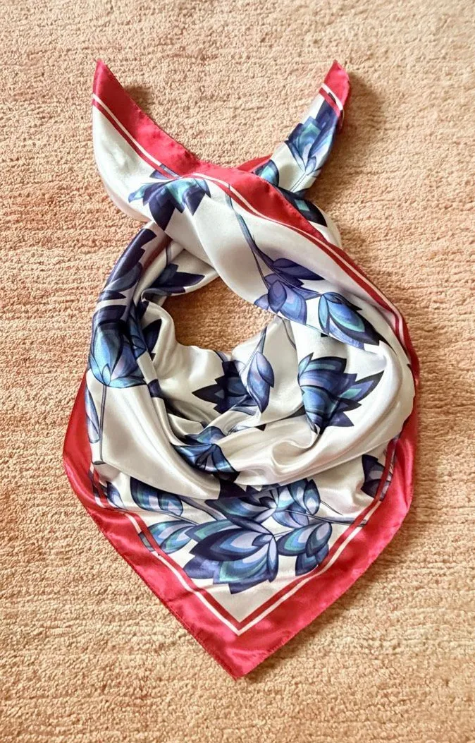 Large Square Floral Scarf Red Blue Ivory 35”