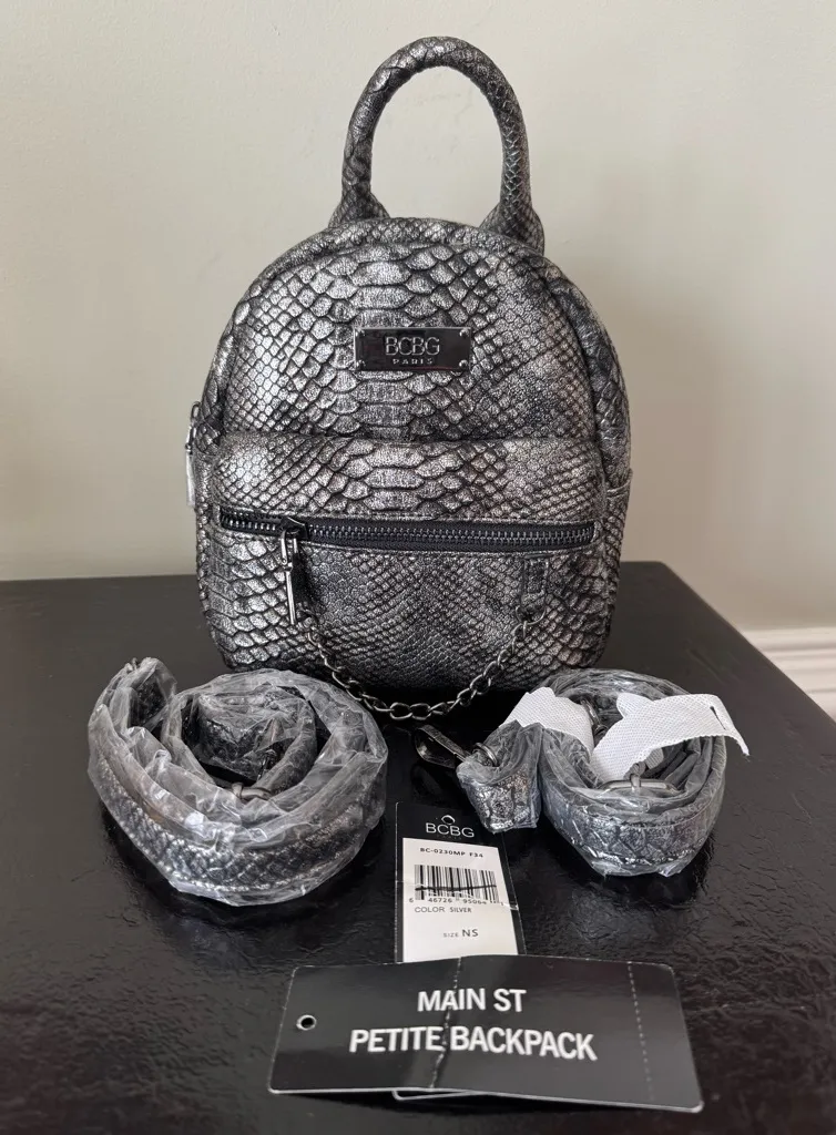 BCBG Paris Main Street Petite Backpack Silver Snake Skin With Chain NWT