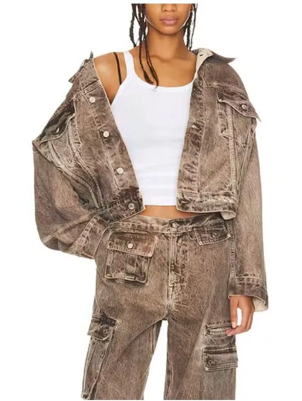 GRLFRND Denim Jacket christi acid wash oversized womens Brown (small) festival
