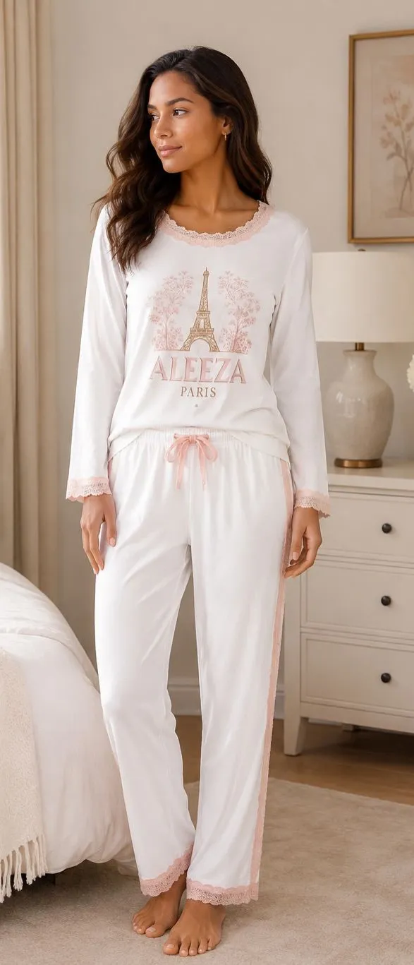 NEW Aleeza Paris Paris Print Pajama Set – Sample | Fits Up to Large Pink Size M