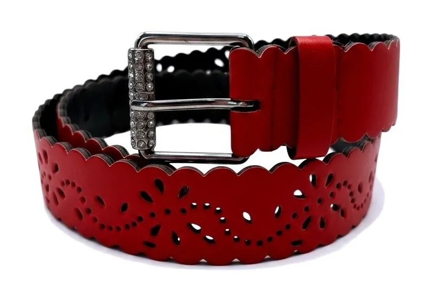 Red Scalloped Laser Cut Floral Belt Rhinestone Buckle XL Sparkly Coquette