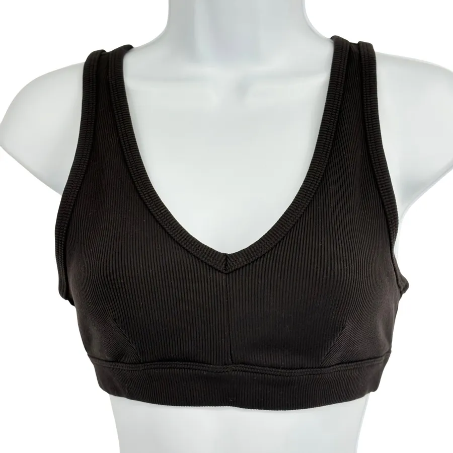 Alo Yoga Ribbed V Neck Sports Bra Women XS Black Wrap Back Activewear Athleisure
