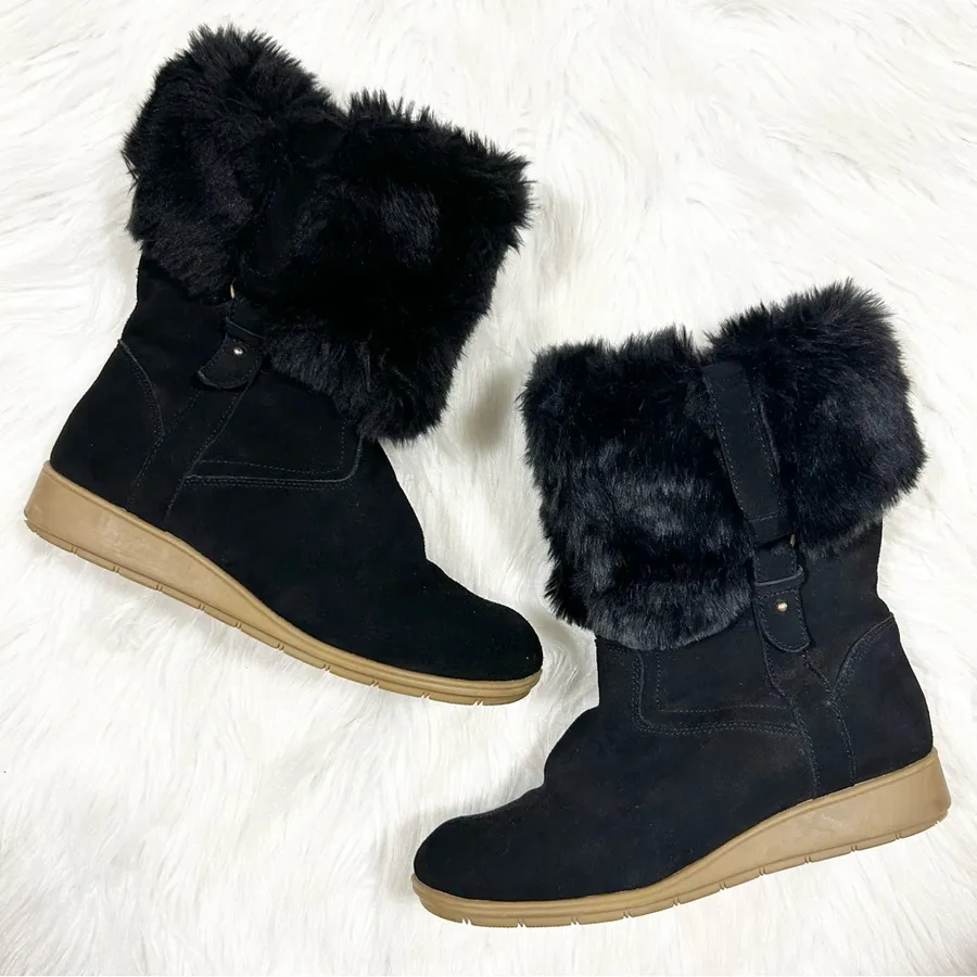 Lands End Black Suede Faux Fur Trim Winter Wedge Boots 420483 US 7B