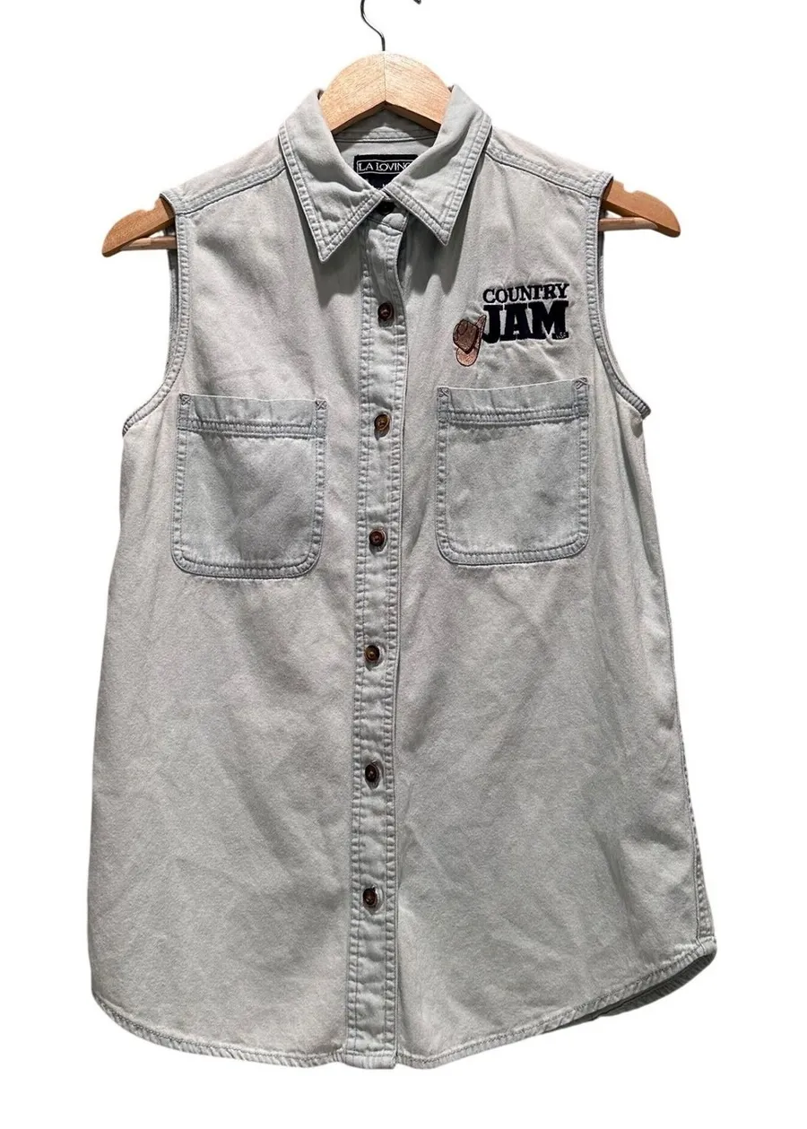 Vintage LA Loving Denim Vest Embroidered Country Jam Cowboy Medium Blue