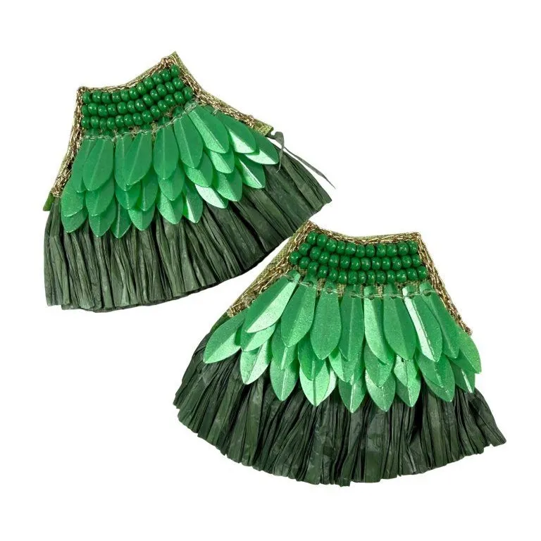 Green Rafia Beaded Earrings Houla Skirt Gold Tone Detailing Pierced Beach Hawaii
