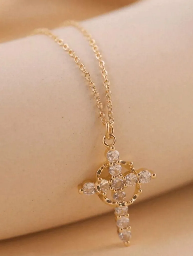 Cross Crown Zirconia Necklace Gold