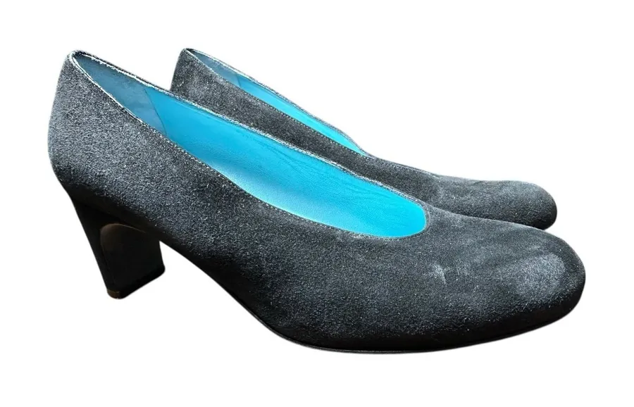 Thierry Rabotin Black Suede Slip On Stacked Heel Pumps 37 US 6.5 $430 #S66