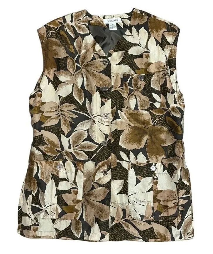Vintage Bogari 100% Silk Floral Vest Sz M Brown Neutral Size M
