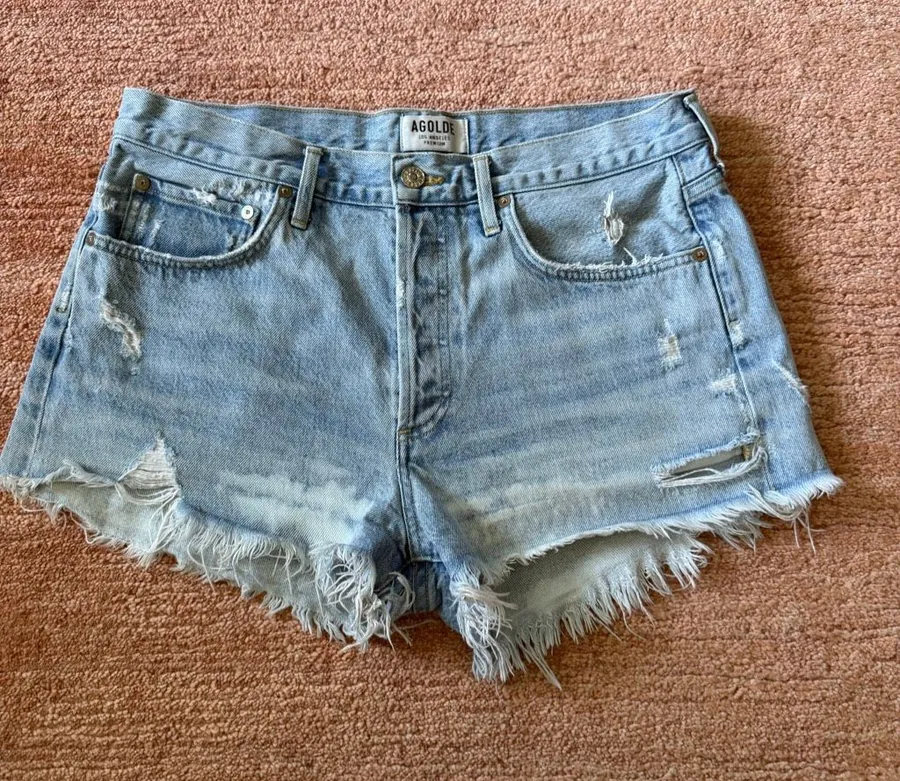 AGOLDE Women’s 29 Distressed Denim Cutoff Shorts Star Patch Button Fly