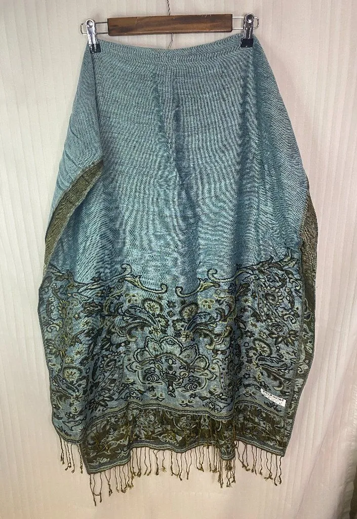 Pashmina Silk Blend Fringe Shawl Wrap Scarf Blue Paisley Floral Boho Soft