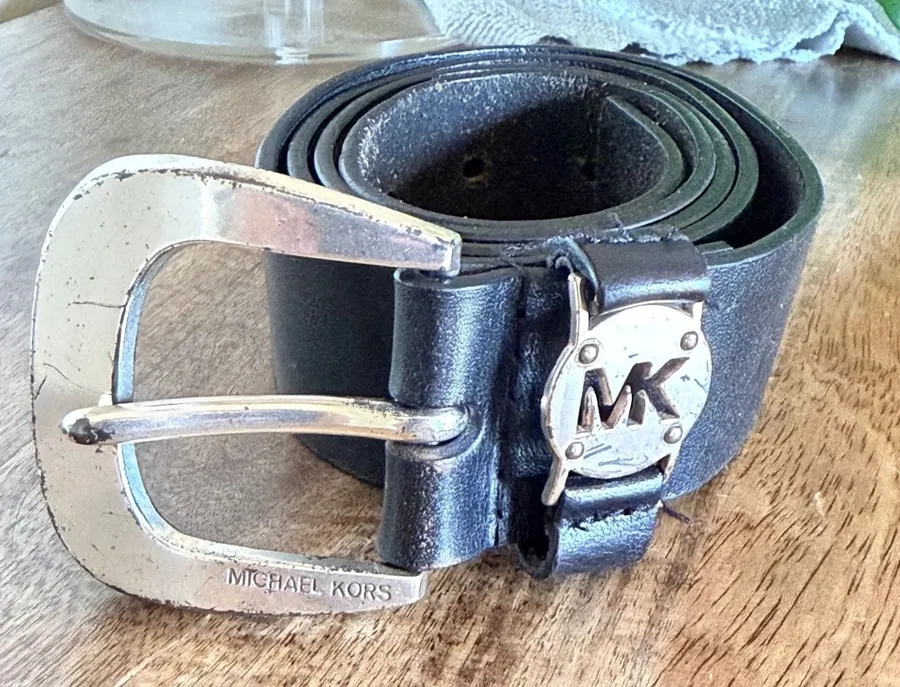 Michael Kors Leather Belt Womens XL Black Silver Buckle Western Designer Logo