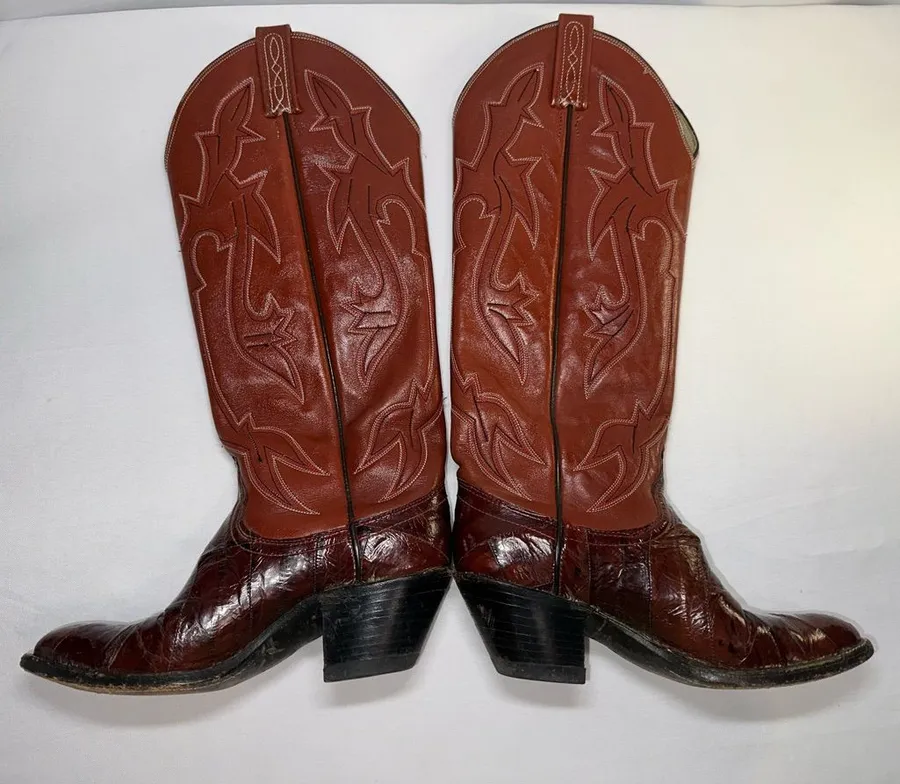 Dan Post Vintage Eel Skin Patchwork Western Boots Womens Size 5.5B Cognac