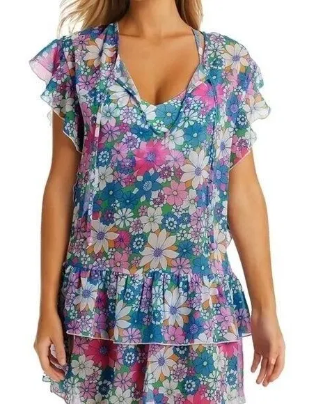 Jessica Simpson Swim Coverup Dress Vibrant Floral Sheer Ruffle Tiered NWT Resort