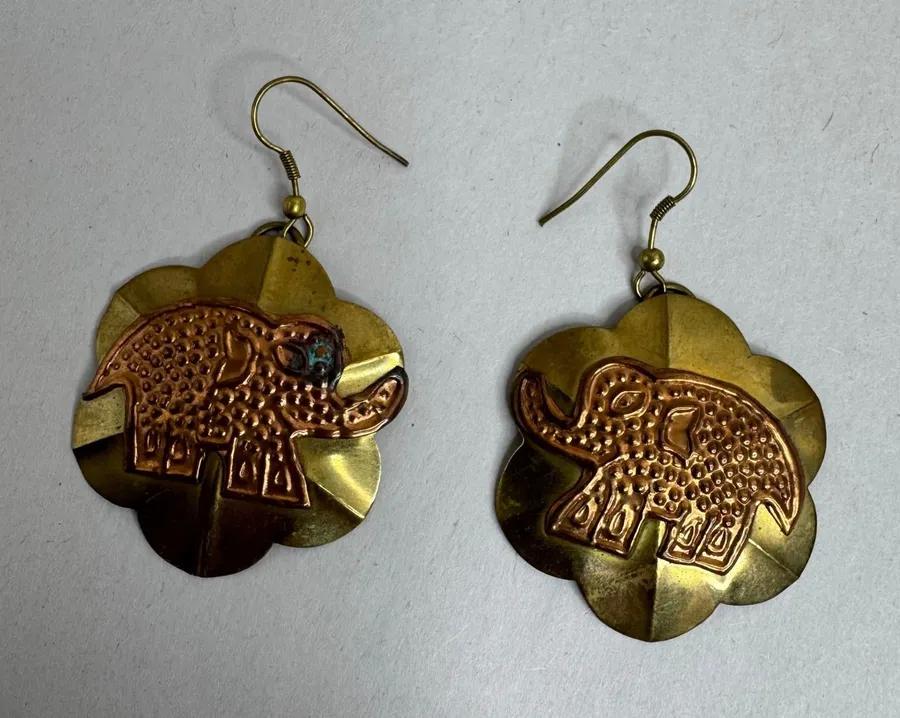 Vintage Mixed Metal Elephant Earrings Brass Copper Flower Made in India Boho