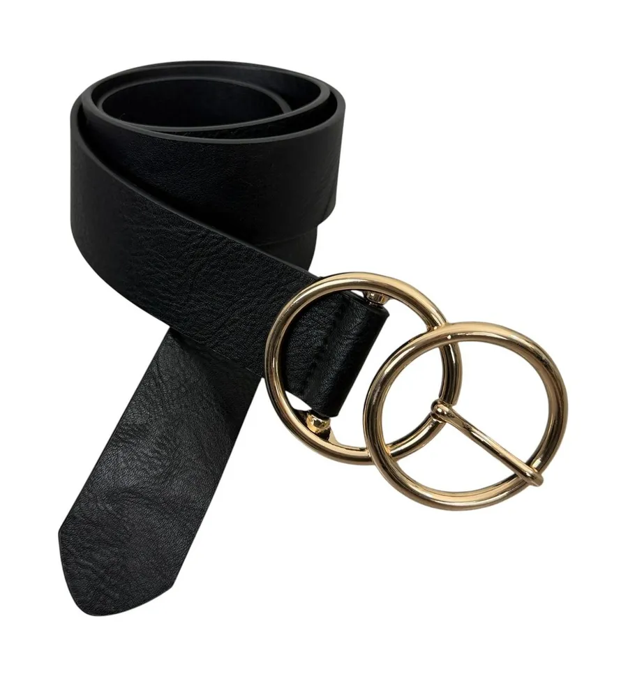 Linea Pelle Belt Womens Medium Black Gold Double Ring Buckle Faux Leather LP 1.5