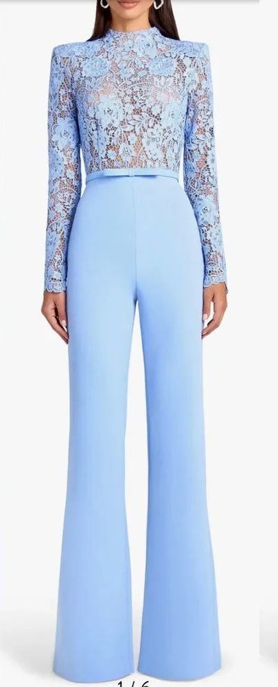 NWT NADINE MERABI Maddie Lace Long Sleeve Wide Leg Jumpsuit sz 12 Blue