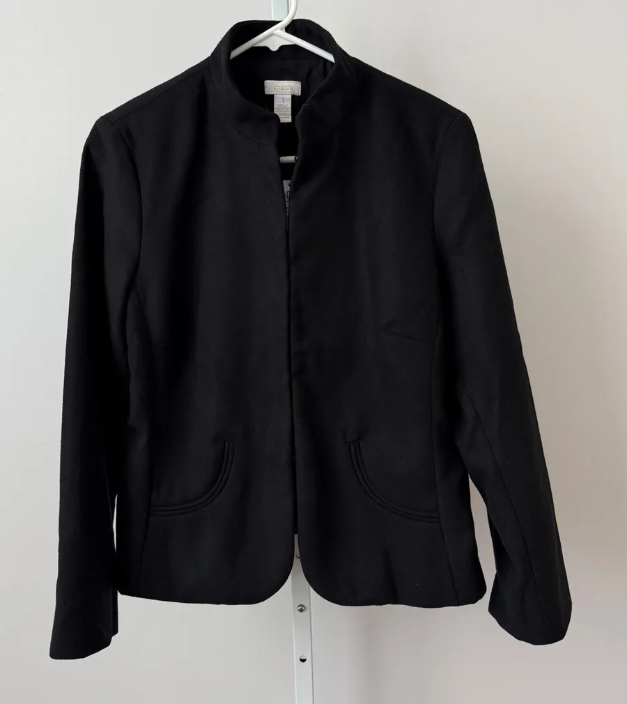 Chicos sz 1 Smooth Plush Serah Jacket Black Hook Eye Closure Mock Neck NWT
