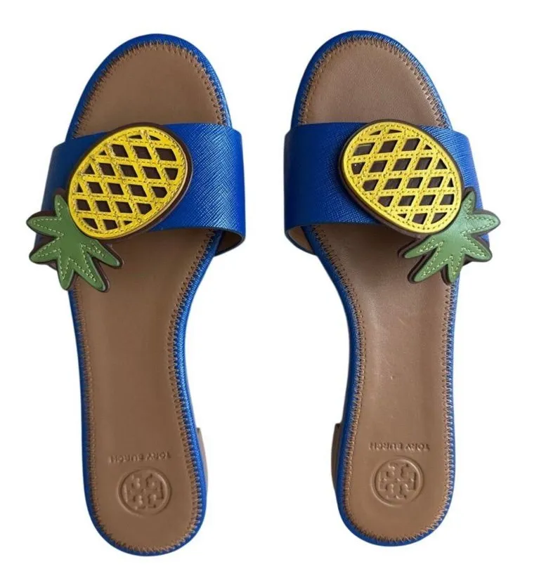 Tory Burch Pineapple Accent Slide Sandals Blue Size 7