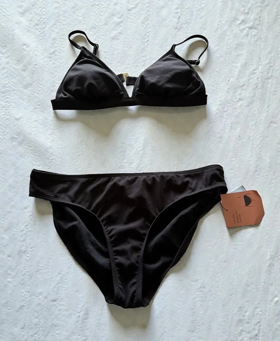 Shade & Shore Womens Black Ribbed Triangle Bikini Set Two Piece Medium NWT