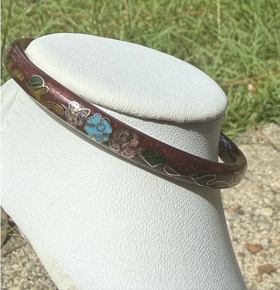 Vintage Cloisonne Enamel Burgundy With Blue And Pink Flowers Bangle Bracelet