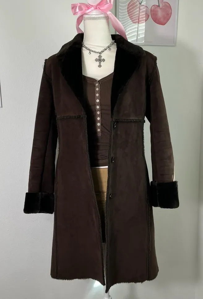Vintage 90s Cache Brown Suede Penny Lane Fur Trim Coat Old Money Womens Small
