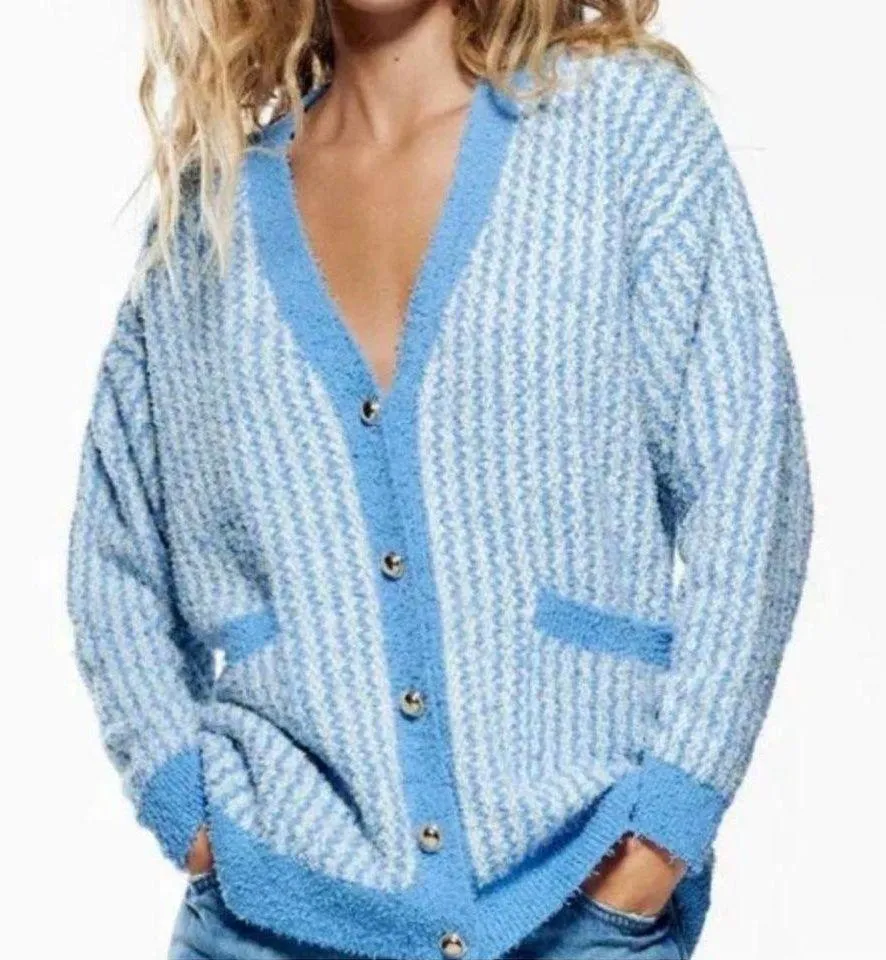 Blue Chunky Oversized Tweed Striped Button Cardigan Sweater Size S