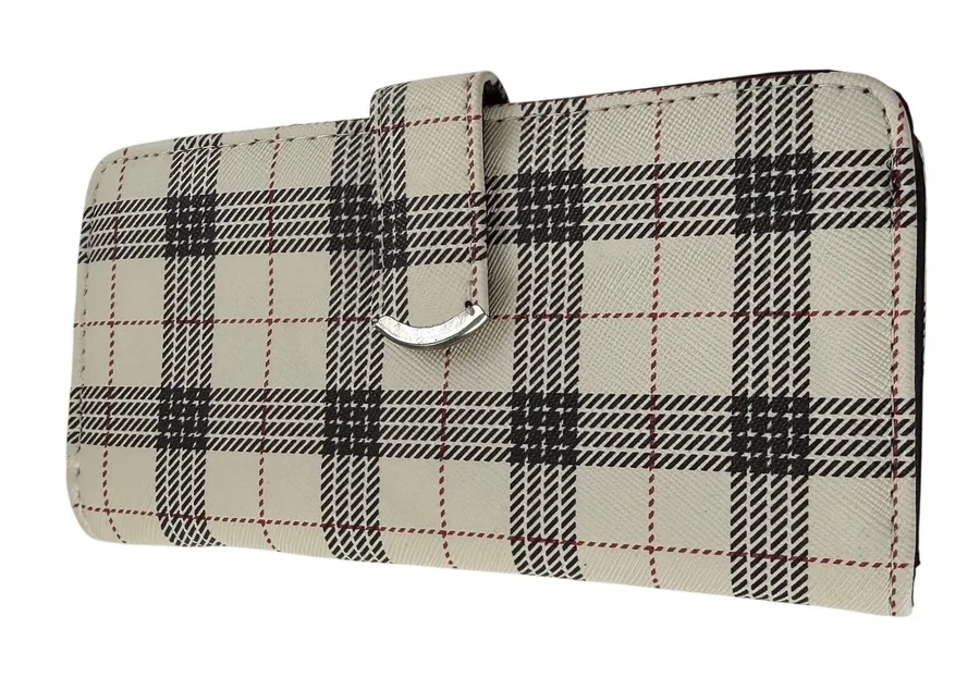 White Plaid Tartan Small Bifold Wallet Snap Pocket ID Window Minimalist NEW