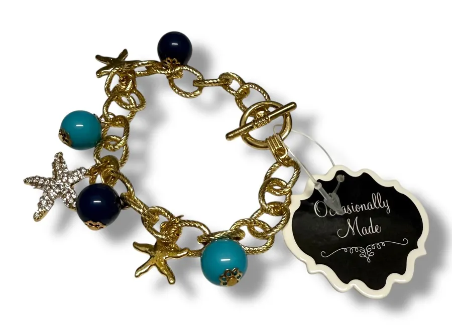 Occasionally Made Goldtone Starfish Charm Bracelet Nautical Coastal Beads NWT Gold