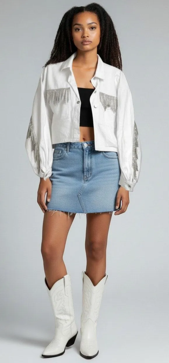 White Fox Women's M/L White Denim Rhinestone Fringe Cropped Western Jacket